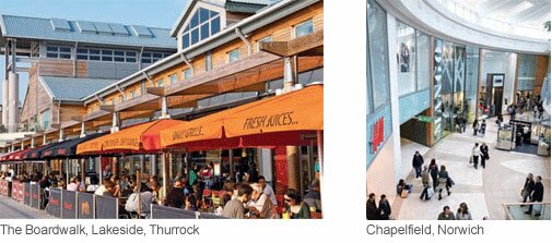 The Boardwalk, Lakeside, Thurrock (left image) + Chapelfield, Norwich (right image)